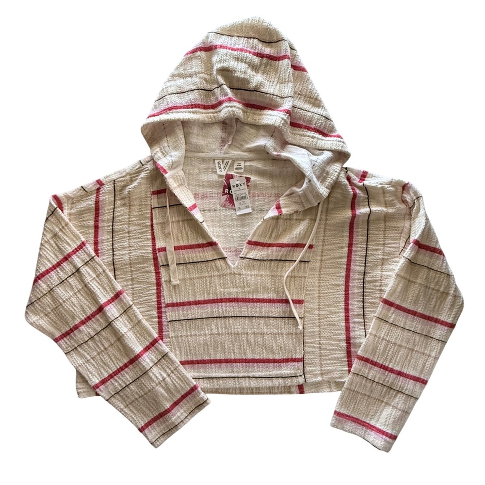 Roxy Todos Santos Poncho Hoodie Striped Cropped Baja Pullover Cream Pink Medium